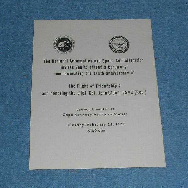 NASA Friendship 7 Flight 10th Anniversary Ceremony Invitation Card Feb 22 1972