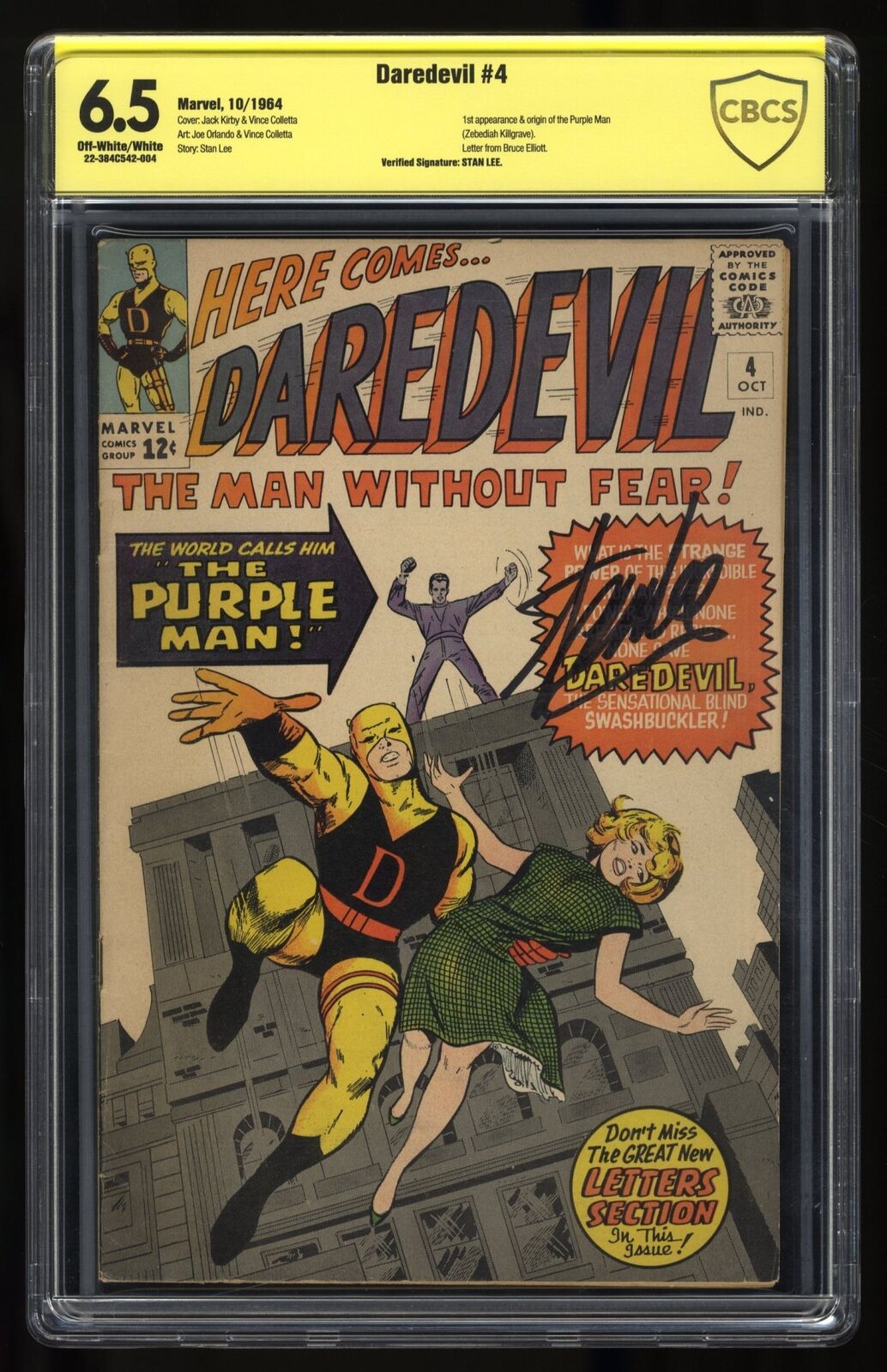 Daredevil #4 CBCS FN+ 6.5 Signed Stan Lee Marvel 1964