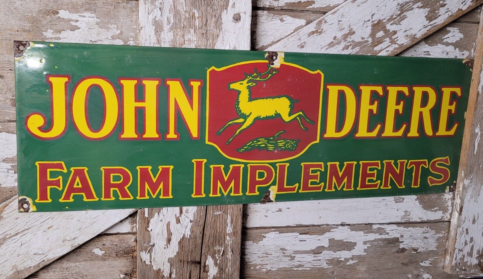 VINTAGE JOHN DEERE PORCELAIN SIGN RARE GREEN TRACTOR FARM IMPLEMENTS DEALER 3FT