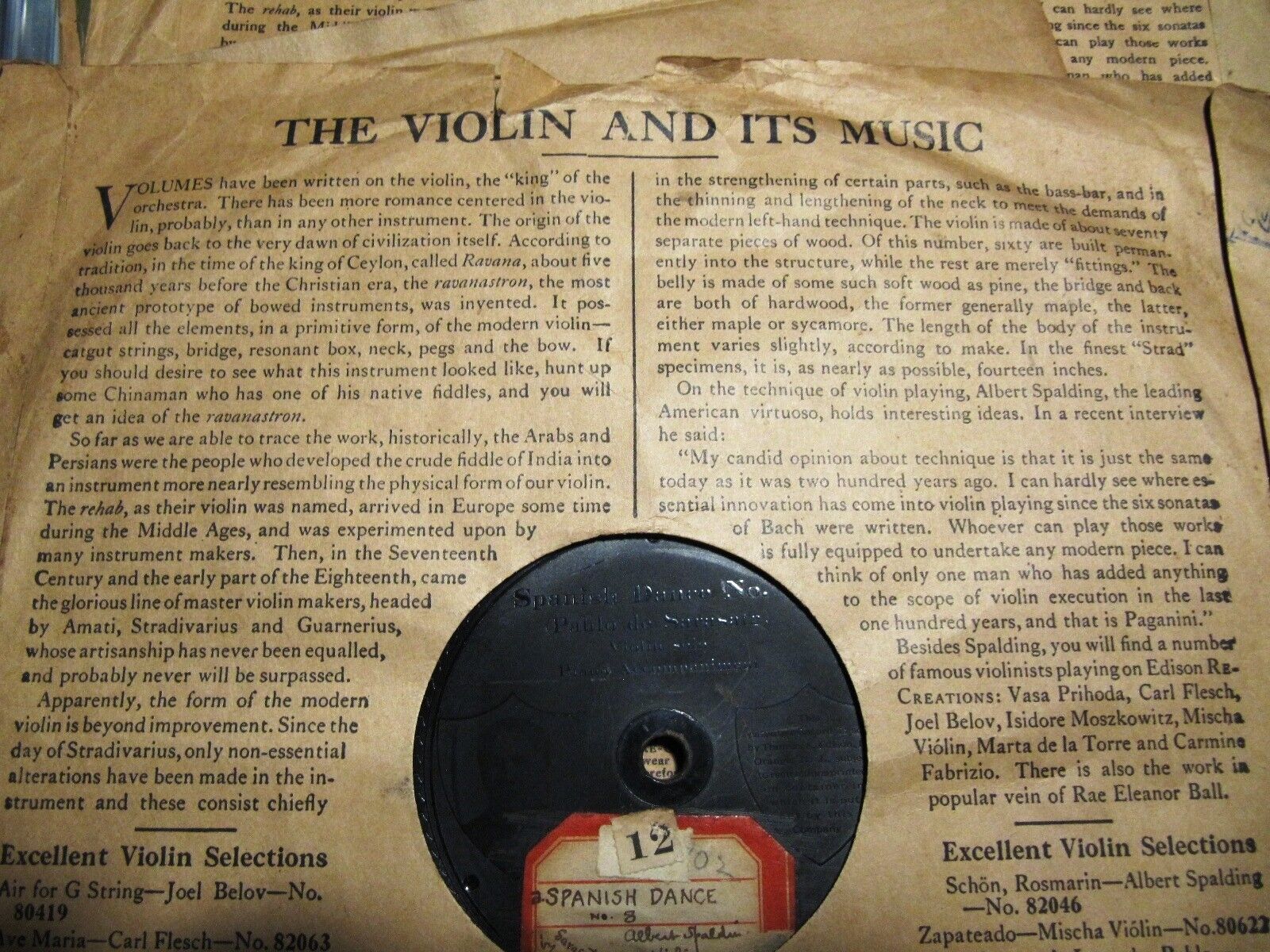 1913 Matte Label EDISON VIOLIN TONE Albert Spalding DE SARASATE Nocturne 82062