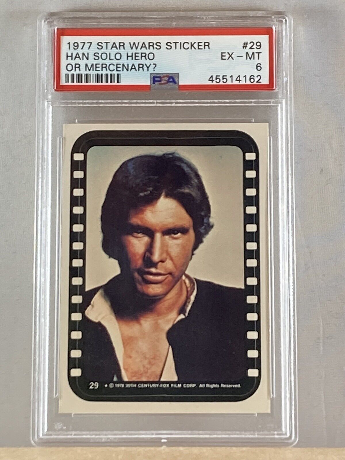1977 Topps Star Wars Sticker #29 Han Solo Hero Or Mercenary? PSA 6 EX-MT