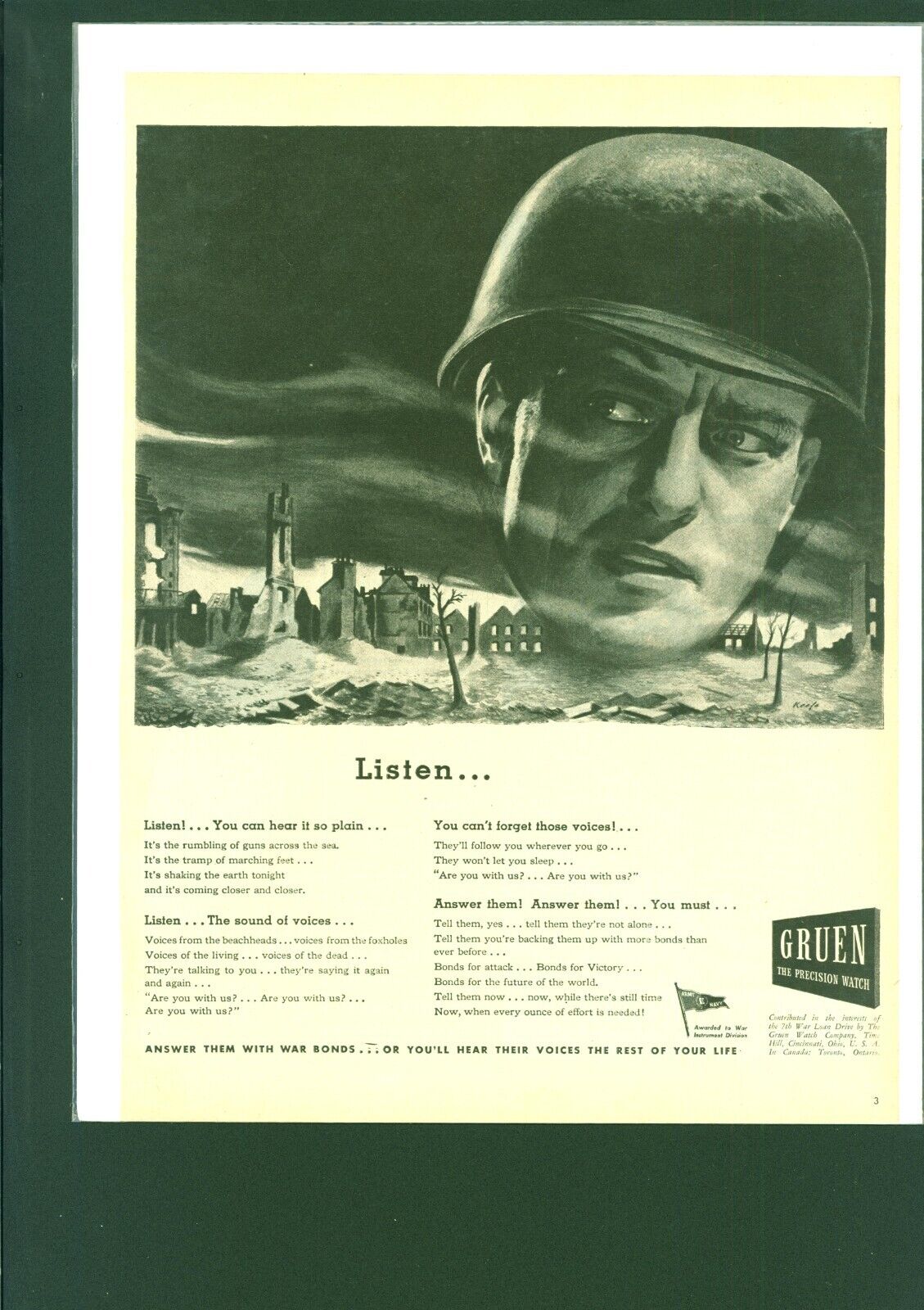 1945 WWII Vintage Gruen Watch Co Color  Print Ad Army War patriotic