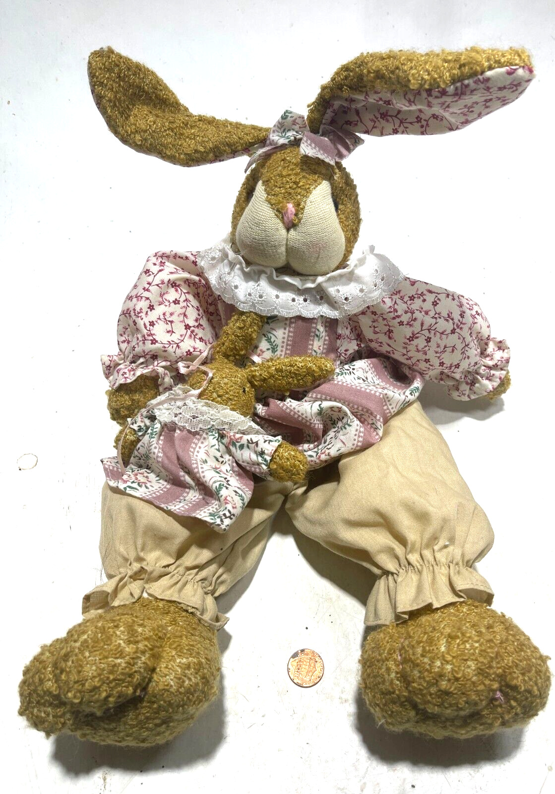 Vtg Spring Bunny Rabbit W/ Baby Rabbit Plush Lace Floral Dress
