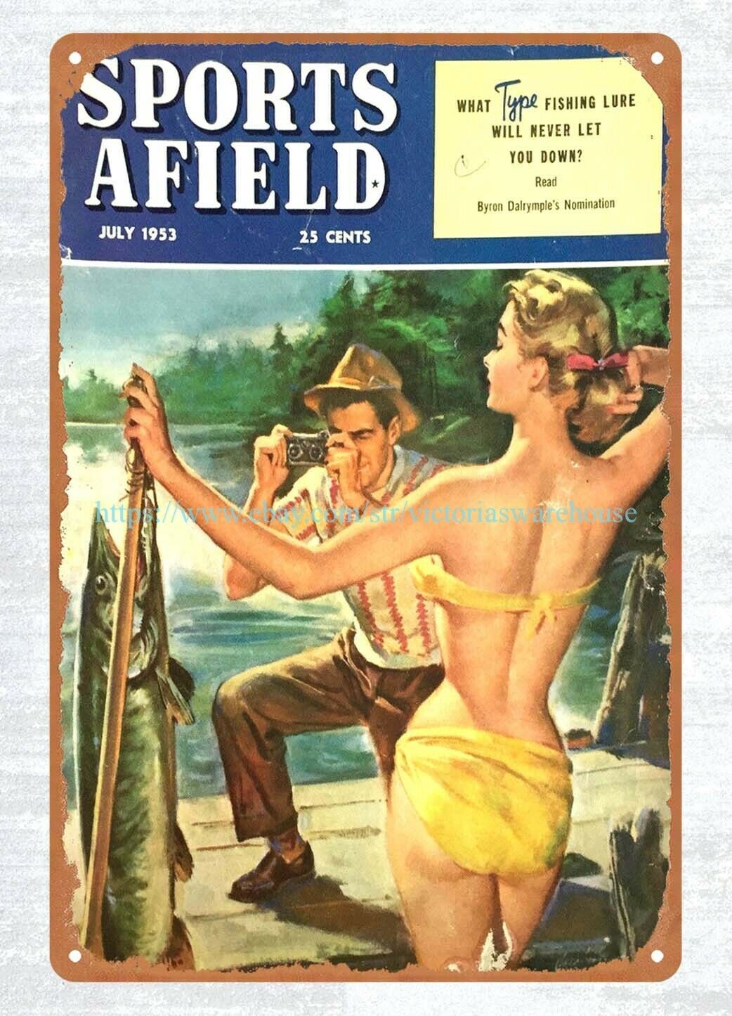 1953 Sports Afield sexy girl fishing metal tin sign primitive home decor