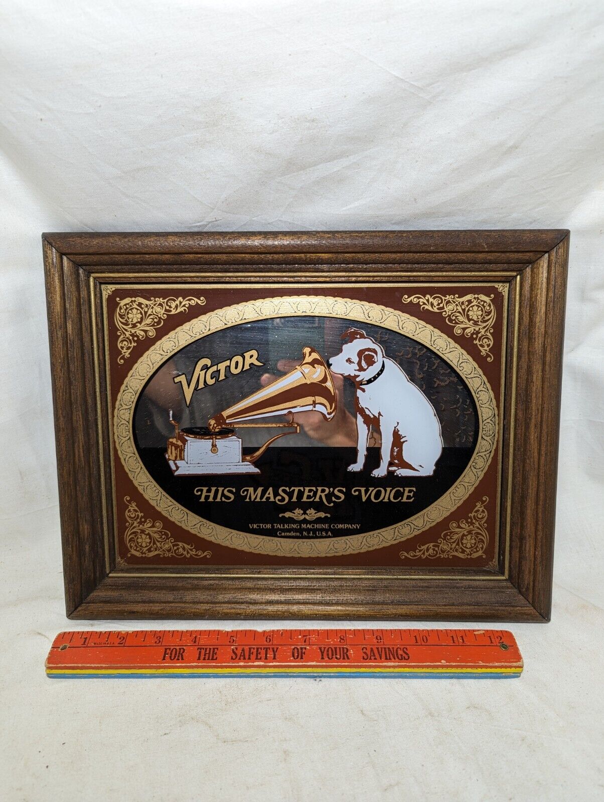 VINTAGE VICTOR HIS MASTER\'S VOICE FRAMED MIRROR ADVERTISING SIGN DOG RCA 13\