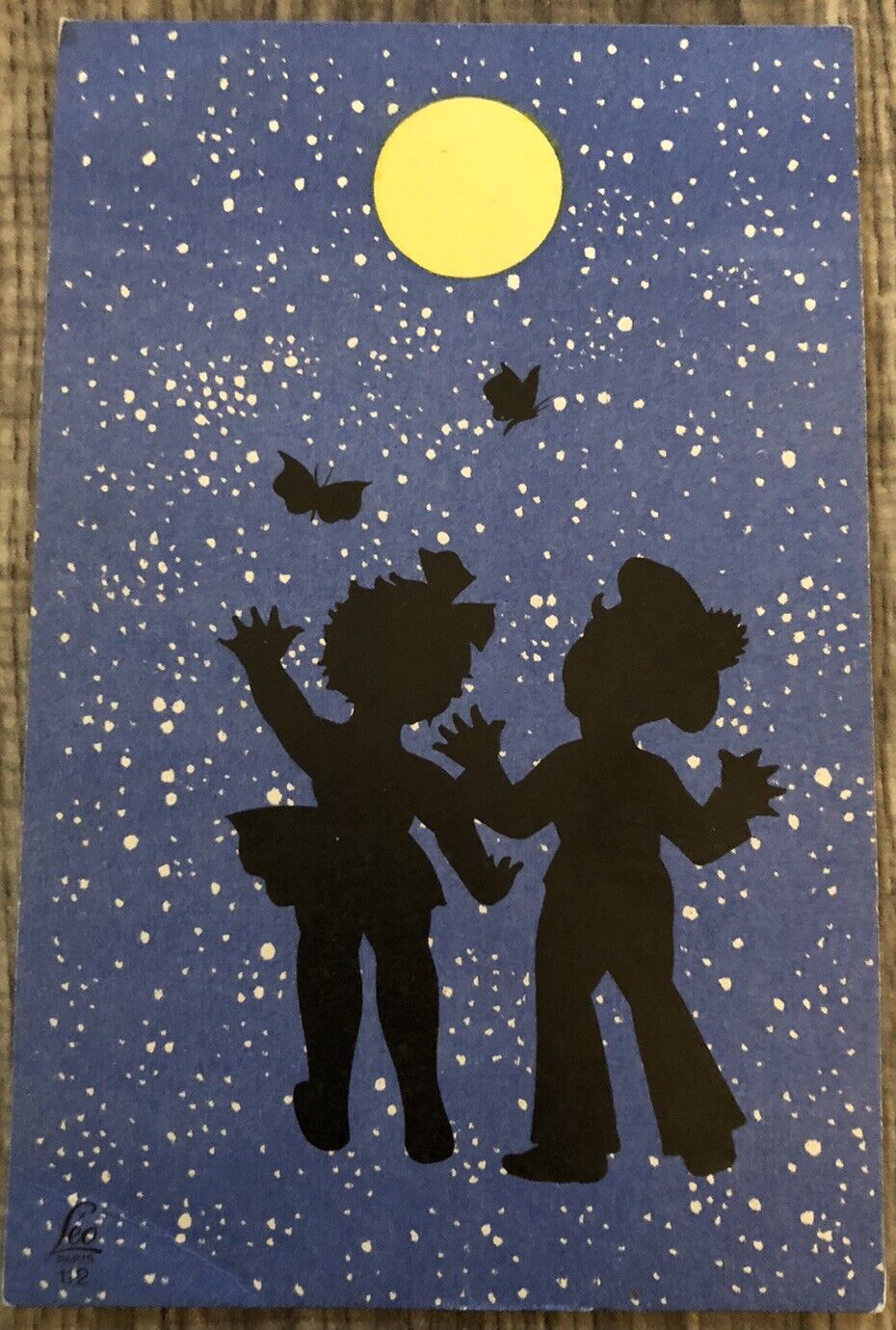 Children Silhouette Night Stars Moon Butterflies Vintage Postcard LL88