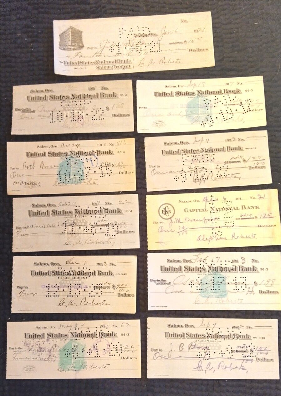 Antique vintage Ephemera lot of 11 Cancelled bank checks Salem Oregon 1912-1922