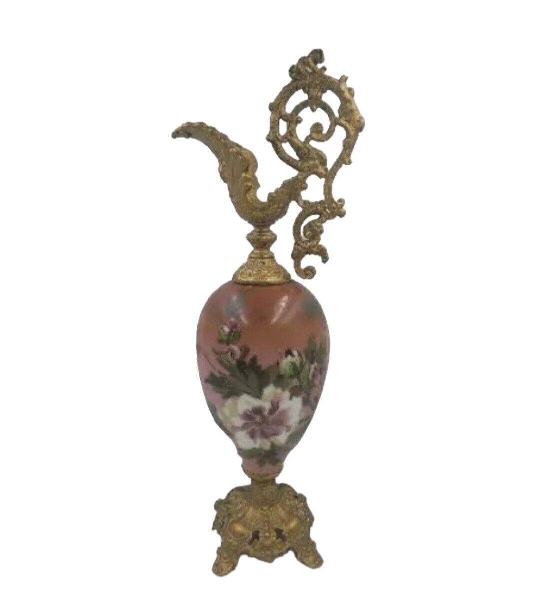 Antique Victorian Art Nouveau Mantle Ewer Vase Hand Painted Glass Roses Floral