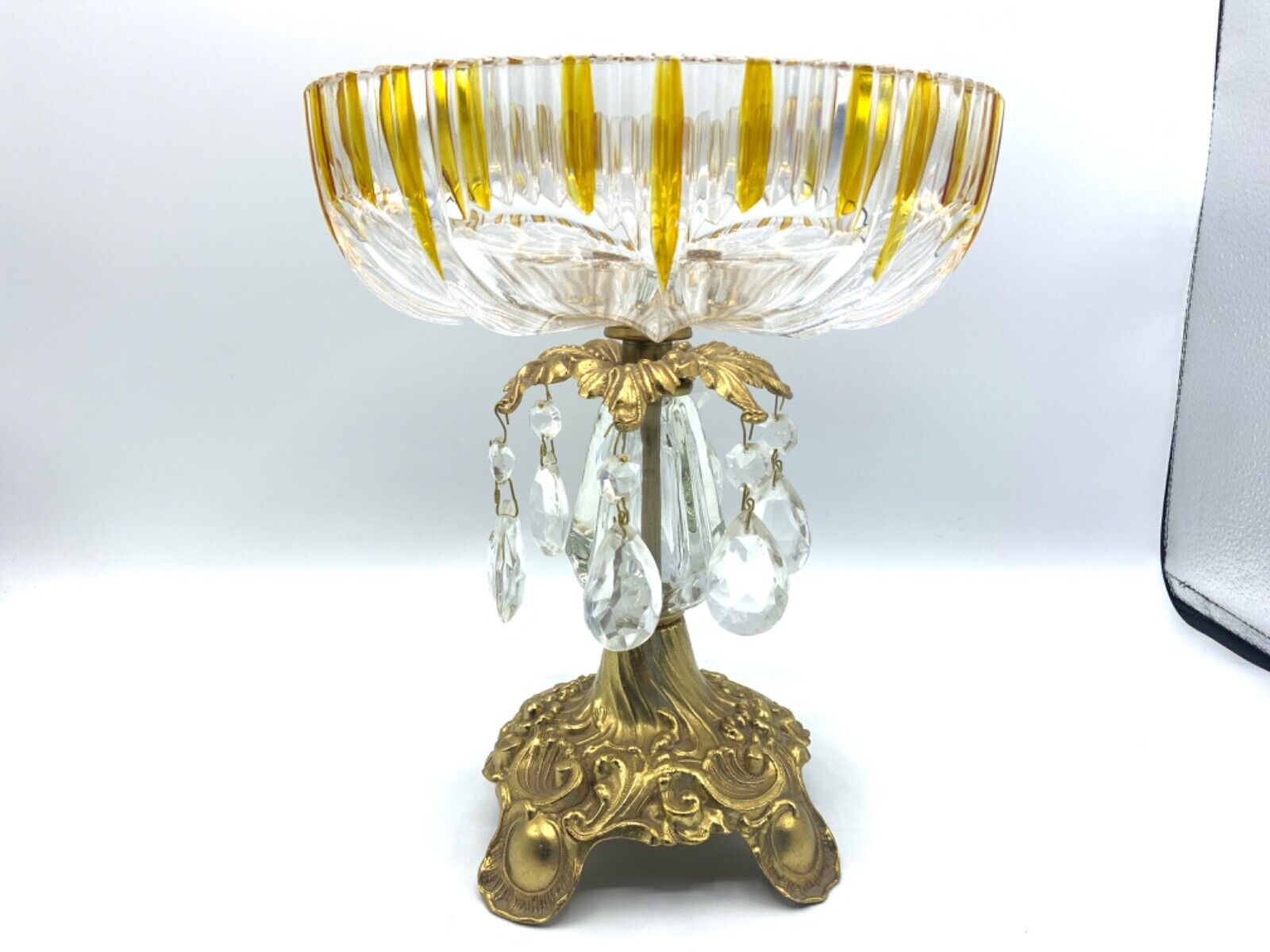 Vtg Hollywood Regency Ornate Compote Pedestal Bowl 9” Brass Crystal West Germany