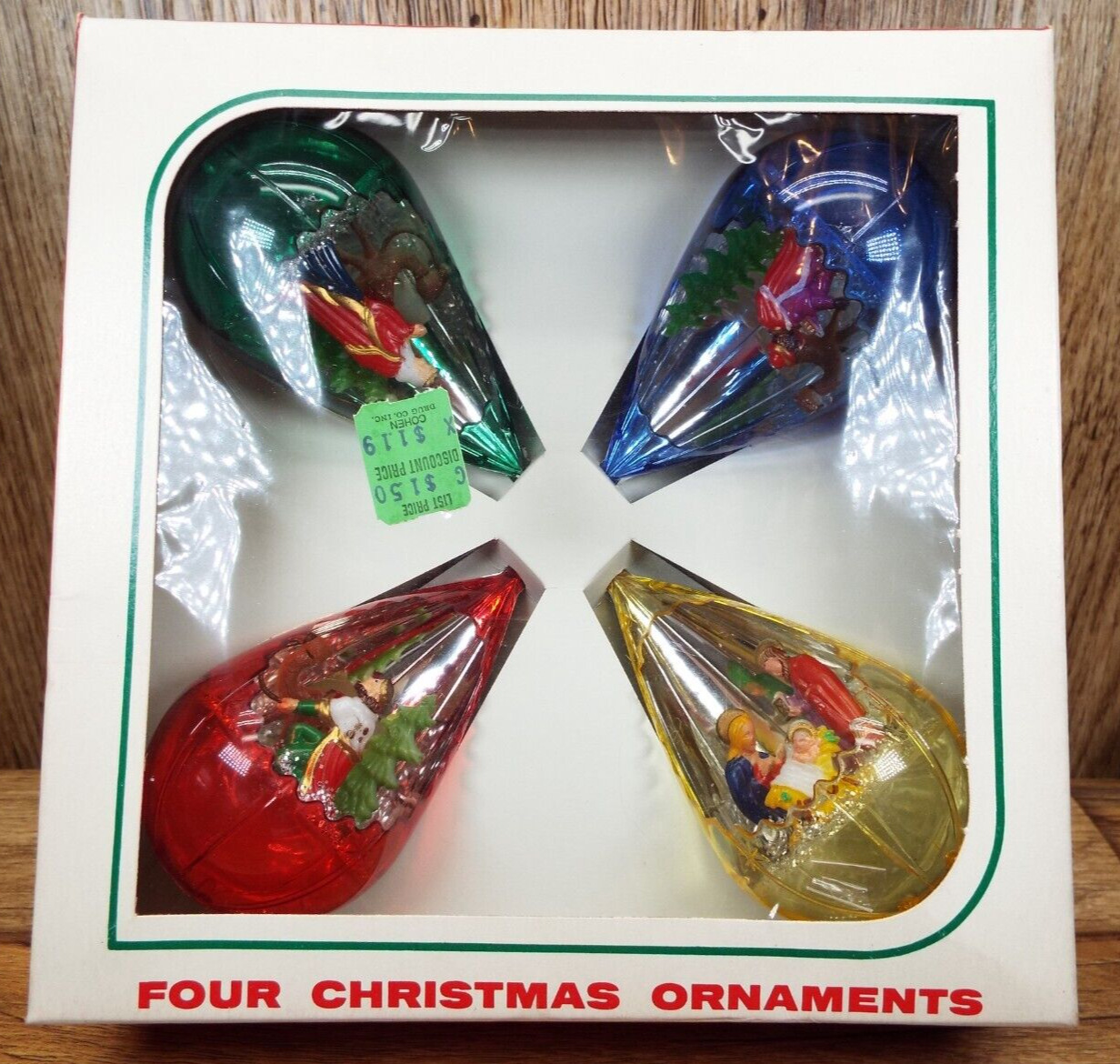 4-Vintage JEWEL BRITE Teardrop Plastic Diorama Christmas Ornaments Nativity NOS