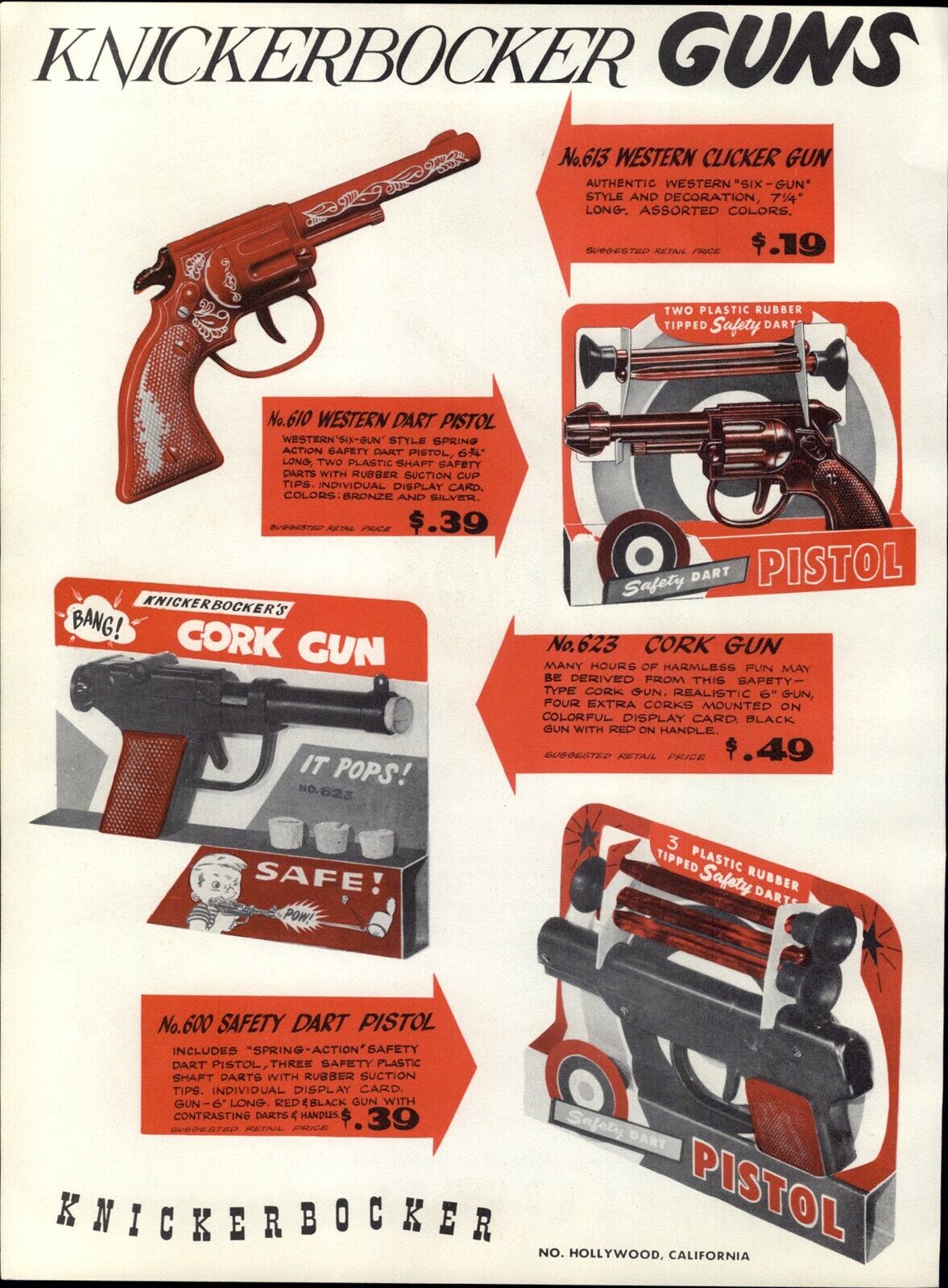 1954 PAPER AD 4 PG Knickerbocker Brand Water Gun Pistol Cork Dart Clicker