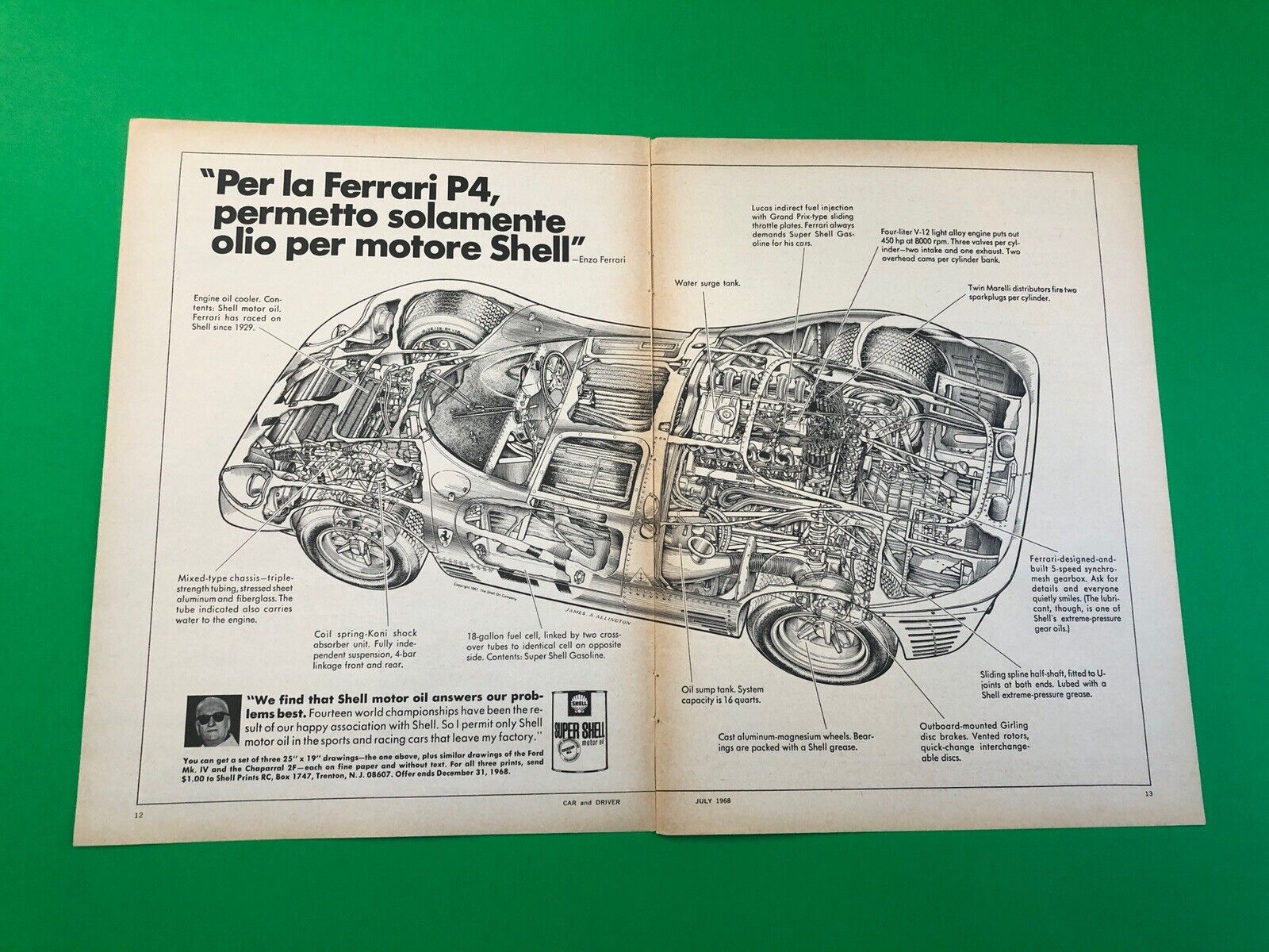 1968 FERRARI P4 SHELL ORIGINAL VINTAGE PRINT AD PRINTED ADVERTISEMENT