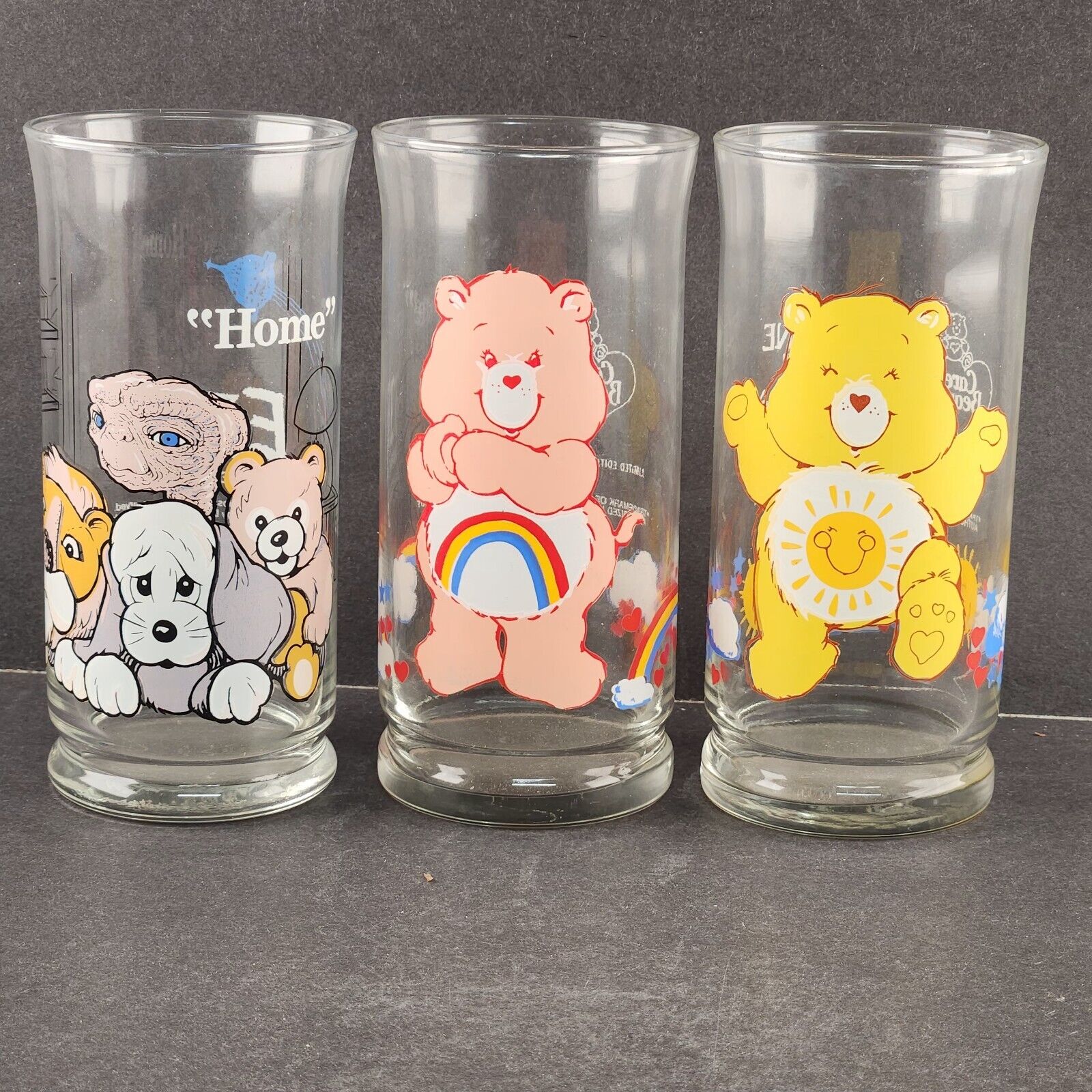 3 Pizza Hut 1983 Collector’s Series Care Bear and ET Drinking Glasses Vintage