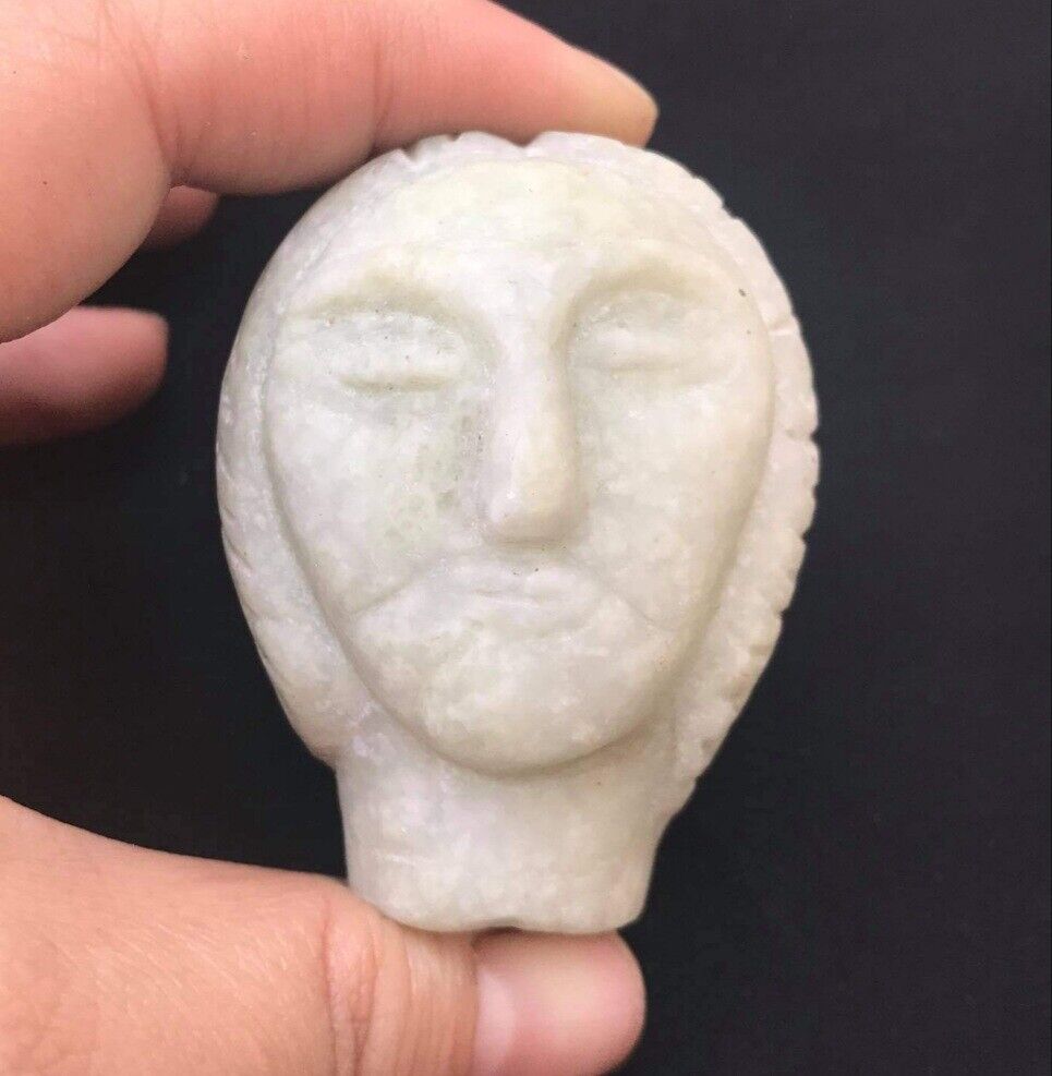 Very Old Detailed Craving Idol Face w/ Hair Roman Greek White Jade Statue Head