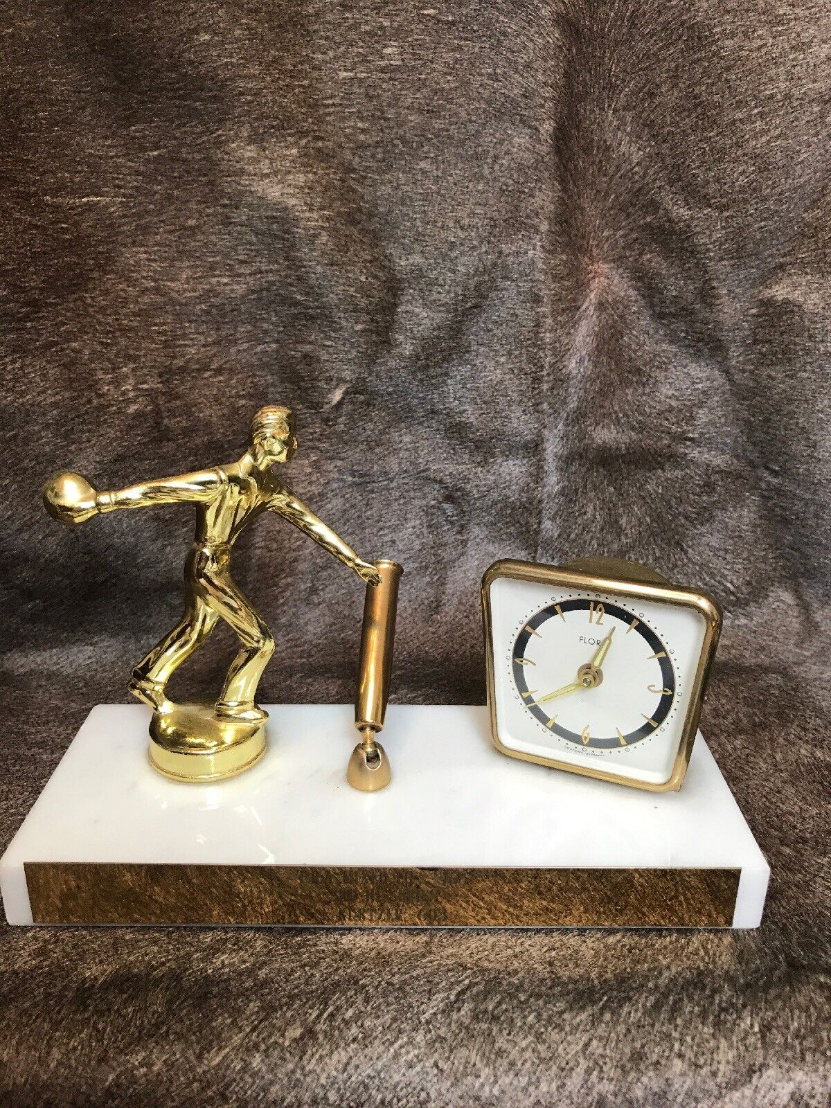Vintage Bowling Trophy With Marble Base& Pen Holder& Florn Clock. Works Great
