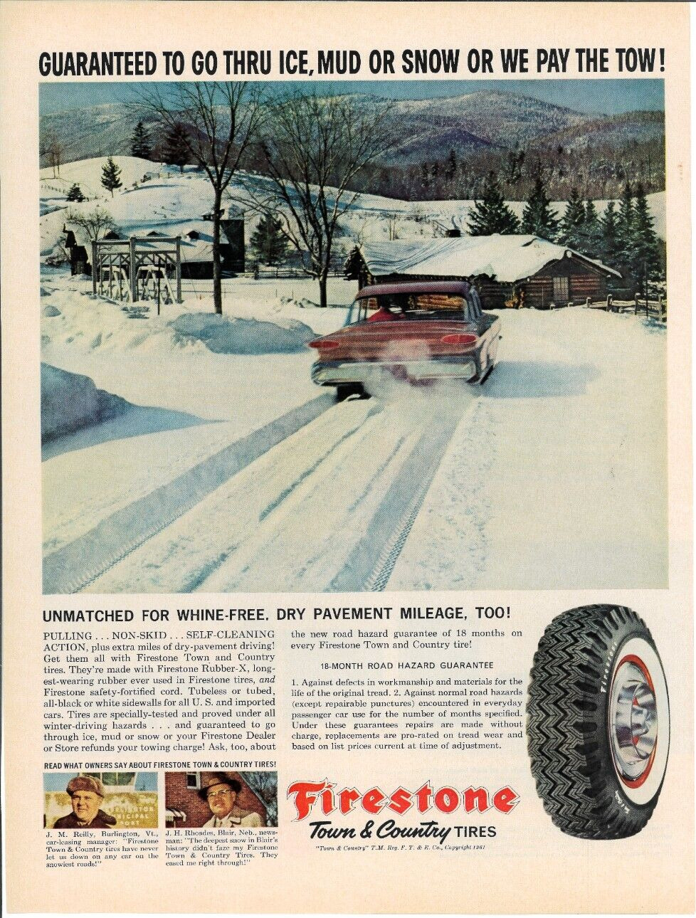 1961 FIRESTONE Town & Country Tires Snow Mud Ice Vintage Magazine Print Ad