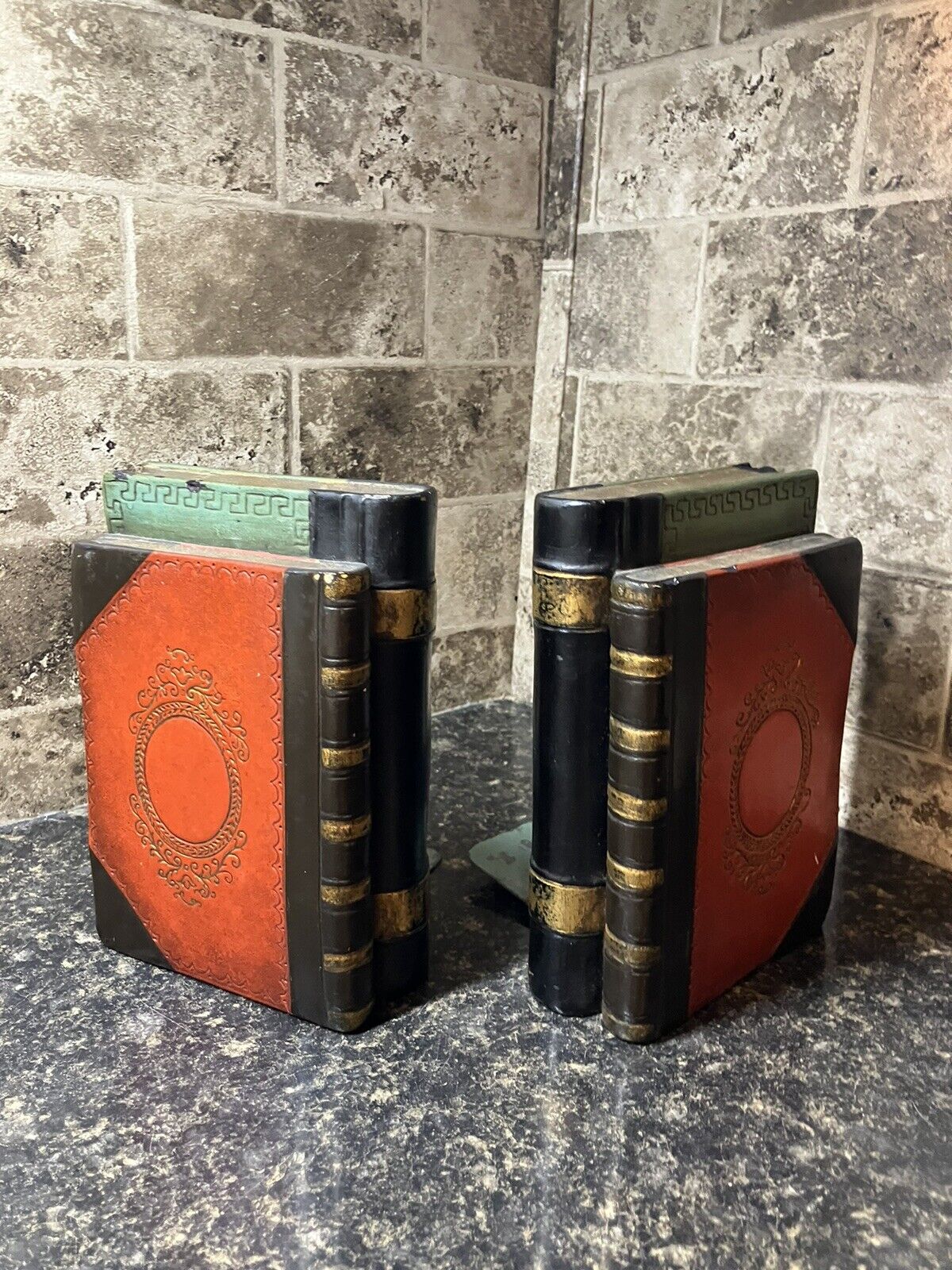 Vintage 1950’s, RARE Borghese Faux Leather Book Ceramic Bookends