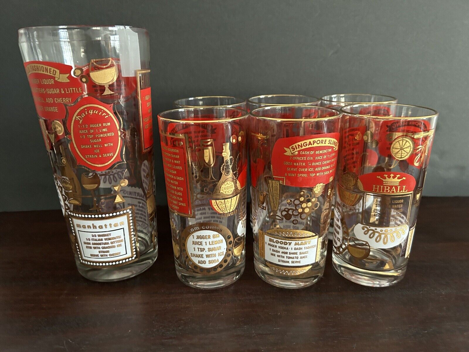 7 Vintage 60s MCM Jeanette Glasses Red Gold Drink Recipe Highball Cocktail