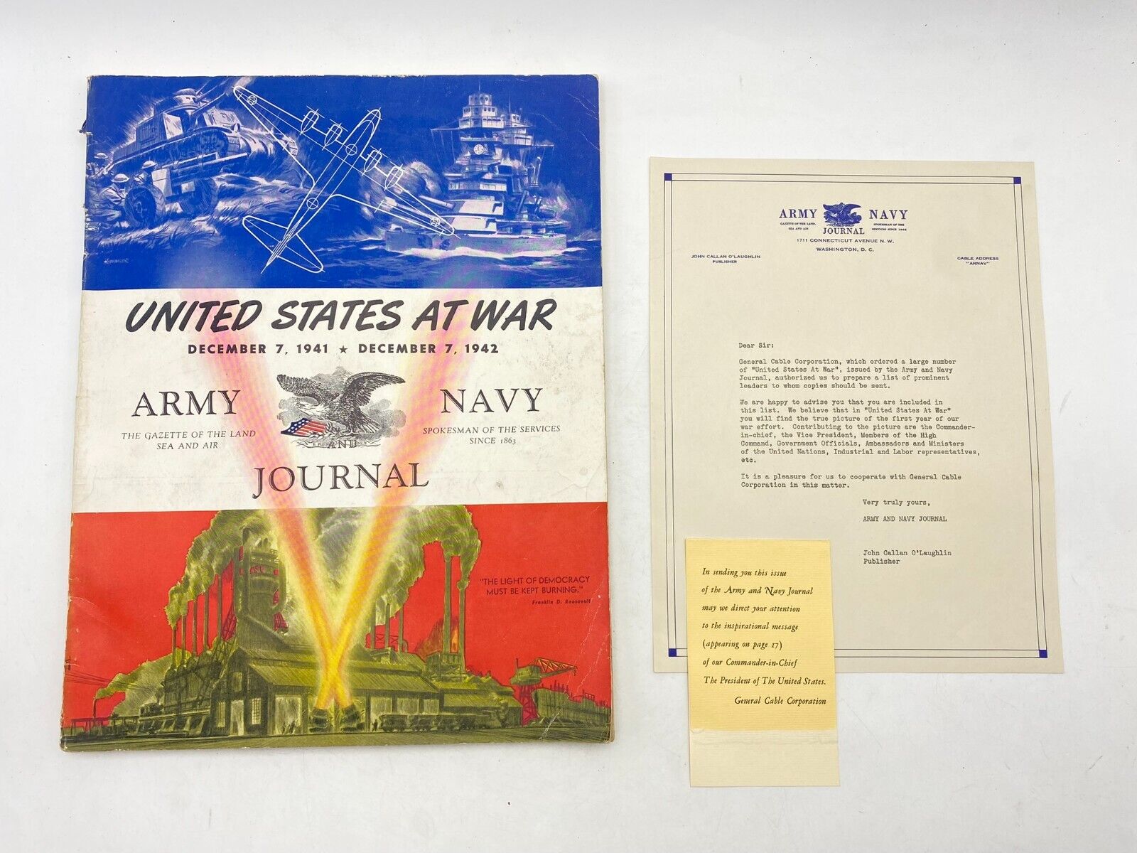 United States at War Army Navy Journal 1942 edition. Good Condition W/Letter