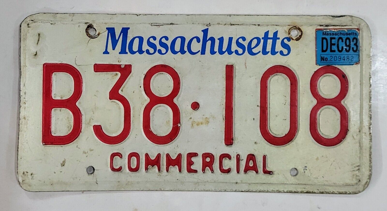 MASSACHUSETTS  License Plate 🔥FREE SHIPPING🔥 B38 108 ~ 1993 VINTAGE COMMERCIAL