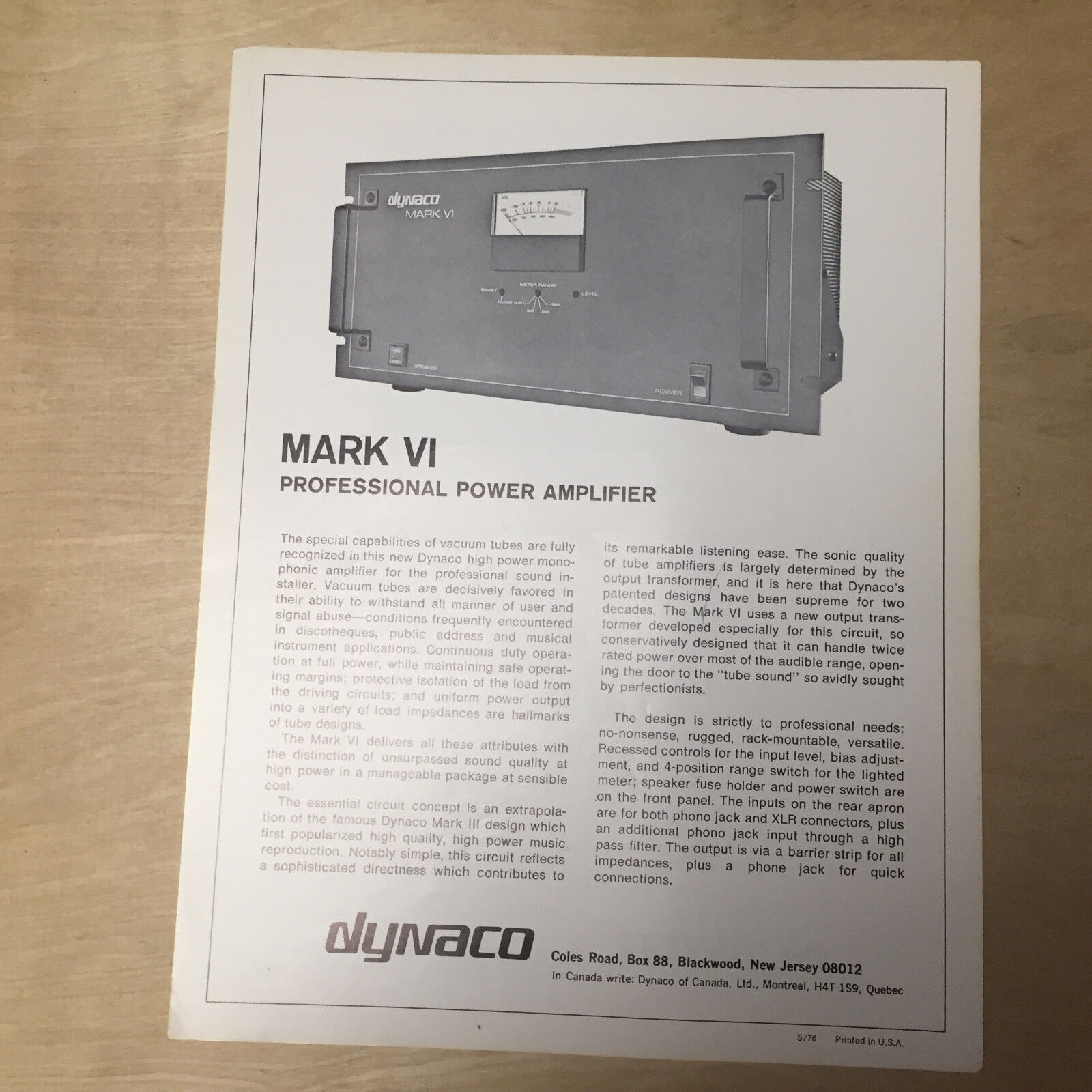 Vtg Dynaco Brochure ~ Mark V1 Power Amplifier Catalog Insert Spec Sheet Original