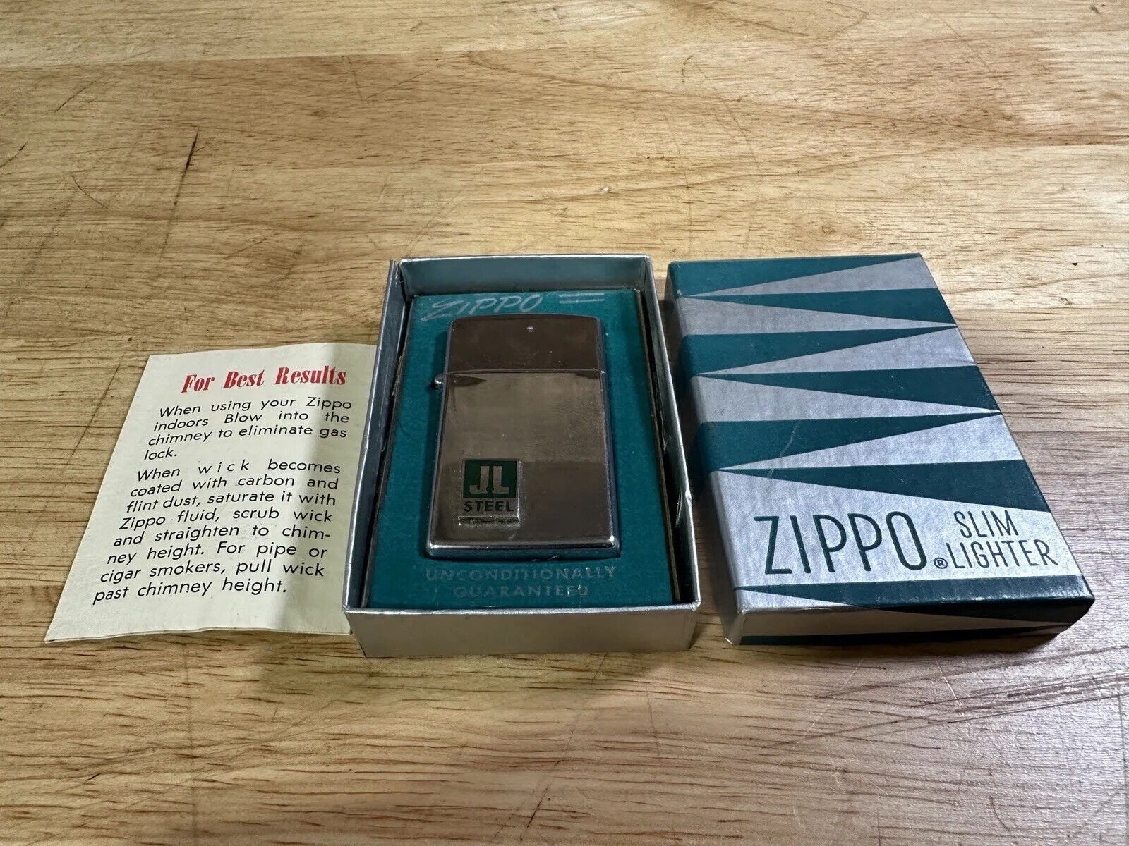 Vintage 1961 Zippo Slim Lighter - JL Steel Company Advertising In Box NOS