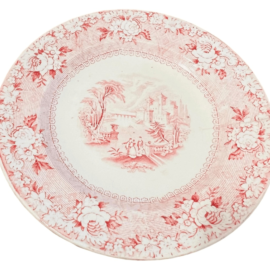 Antique Red transferware collectible plate scenery floral border stamped