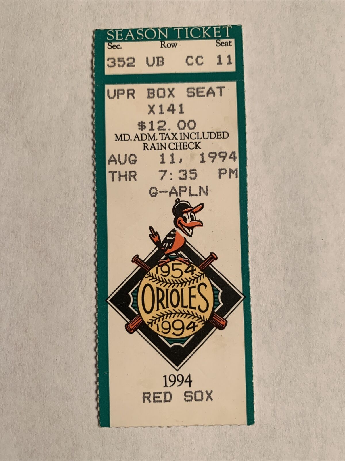 8/11/1994 Baltimore Orioles Boston Red Sox Ticket Stub Start Of MLB Strike