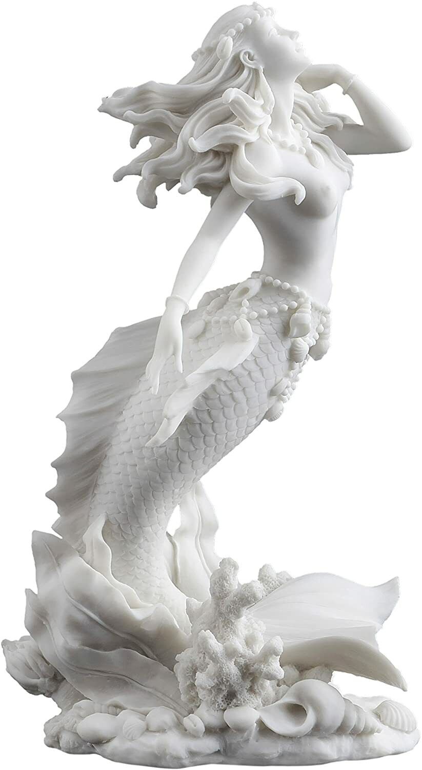 Beautiful Mermaid Rising from Sea Statue Sculpture Nautical Figurine Decor White