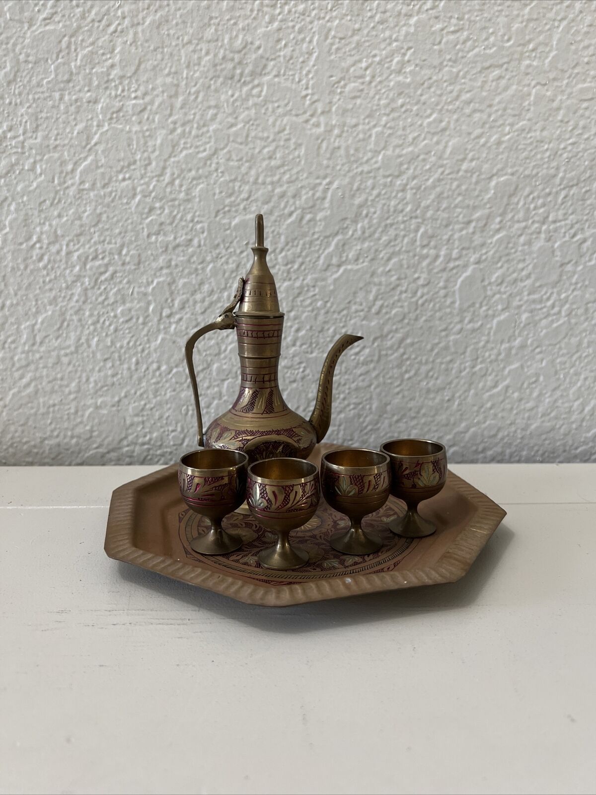 Antique Dallah Eastern Arabic Engraved Brass Pot Tea Set  Coffee Qahwa Cups/plat