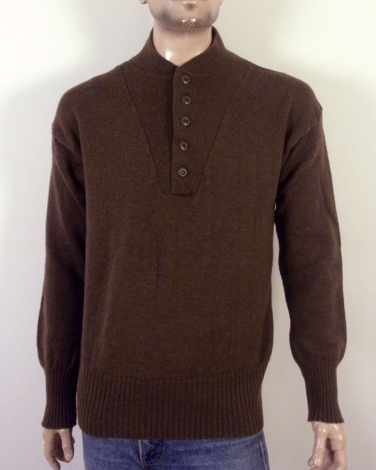 vintage 80s 90s US Army Military Brown Wool 5 Button Sweater High Neck M