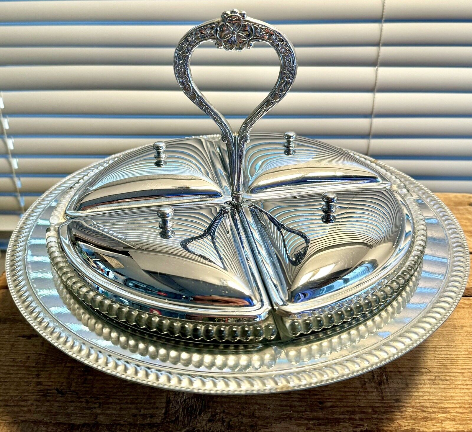 Vintage Silver Metal & Glass 9 Pc Serving Tray with Handle and Lids