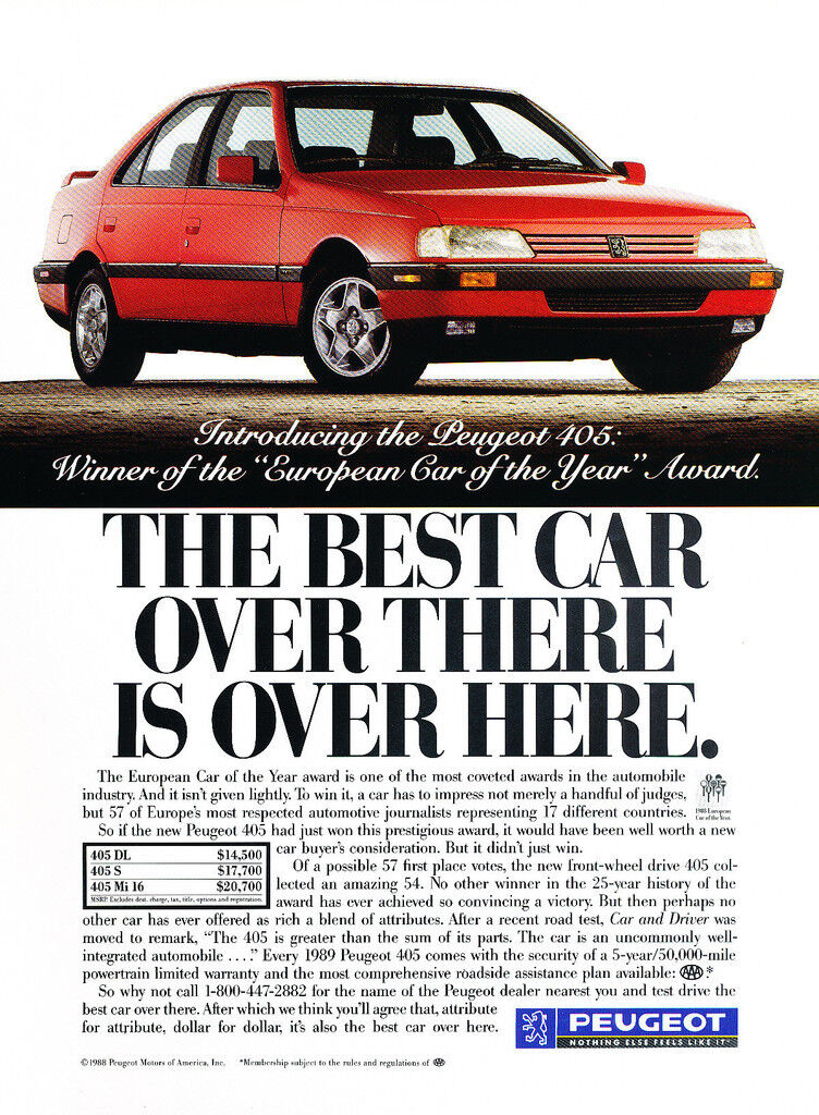 1989 Peugeot 405 Car of Year Award - Original Car Advertisement Print Ad J198