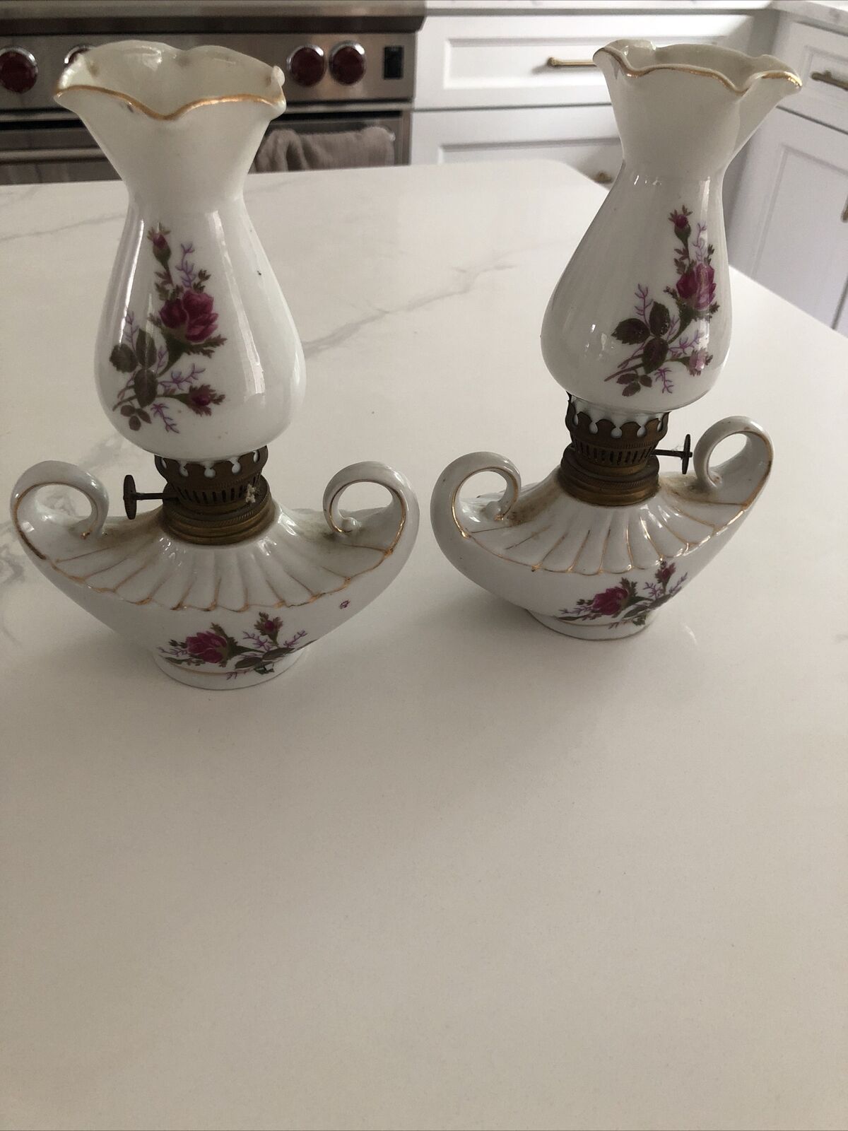 Mini Alladin oil lamp porcelin hand-painted roses Antique