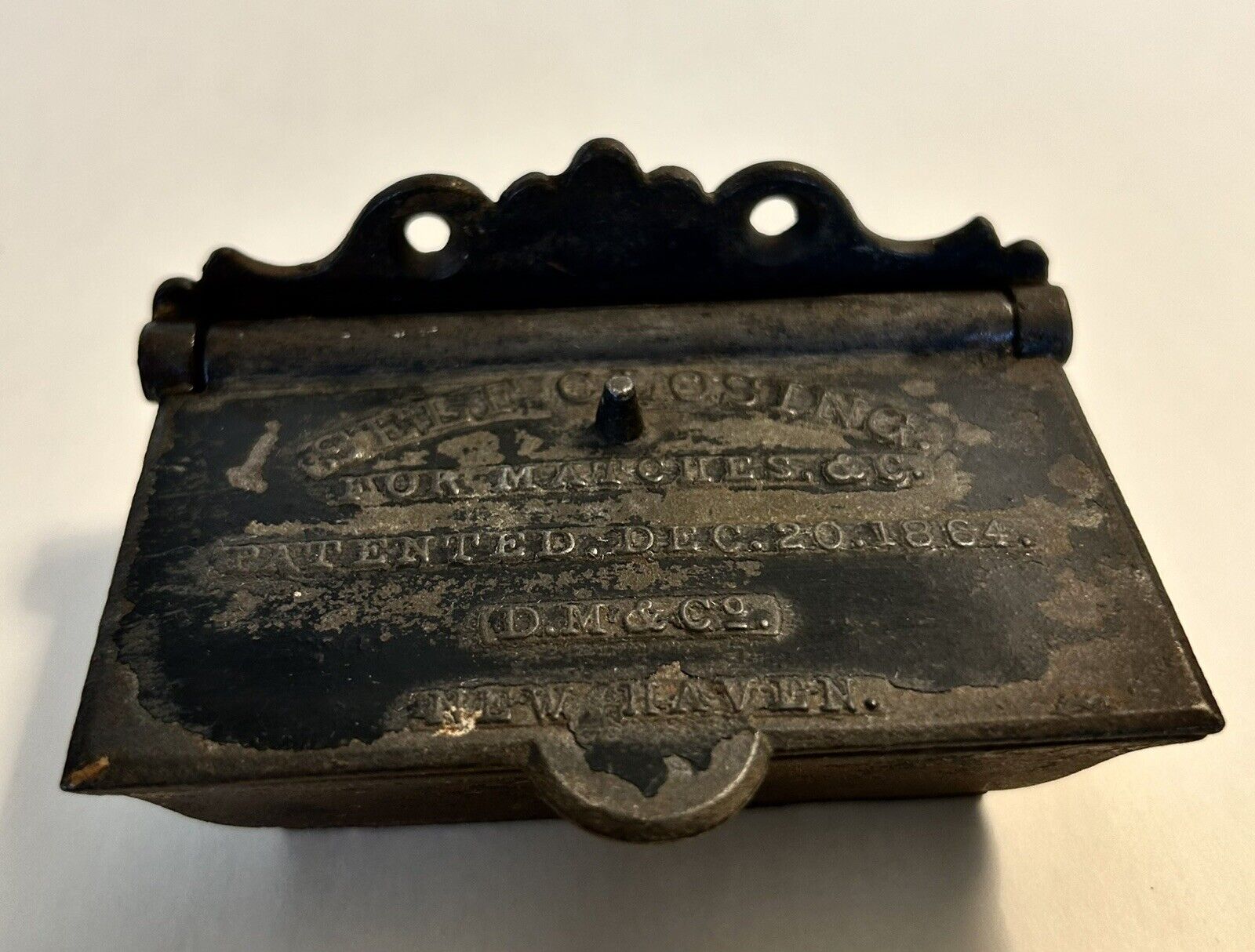 PAT\'D Dec. 20, 1864  D.M. & Co.  New Haven, Conn. Original Cast Iron Match Safe 