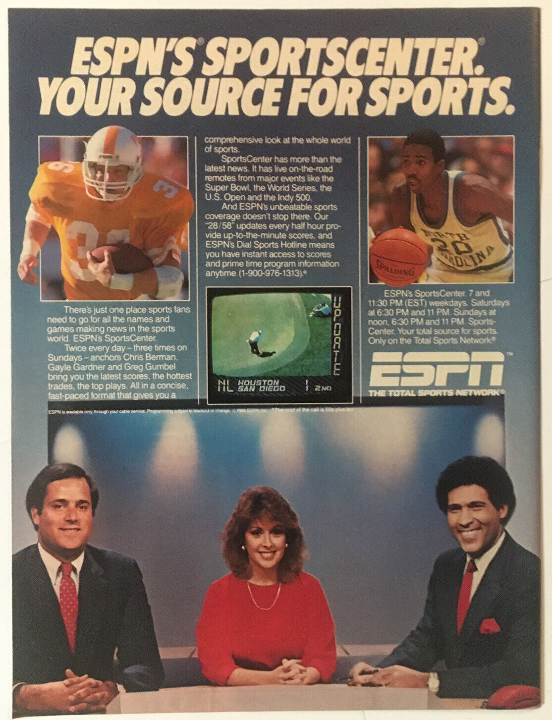 Chris Berman Gayle Gardner Greg Gumbel ESPN 1986 Vintage Print Ad 8x11 Inches