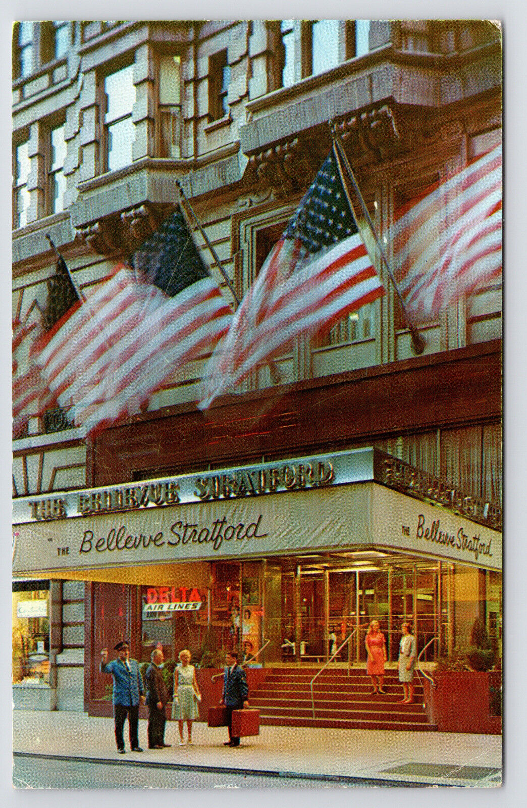 1960s~Philadelphia PA~Delta Sign~Bellevue Stratford Hotel~Pennsylvania Postcard