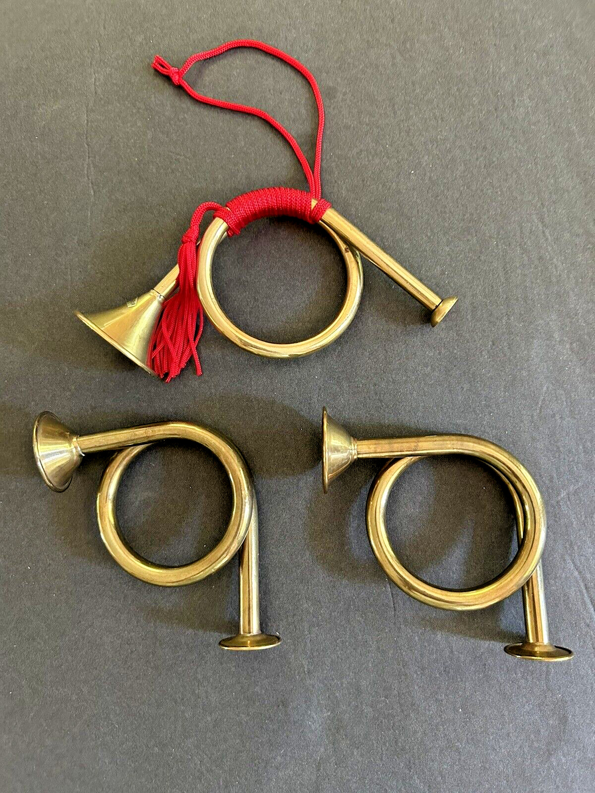 Vintage Brass French Horn Christmas Tree Ornaments Holiday Red Tassel 1970s