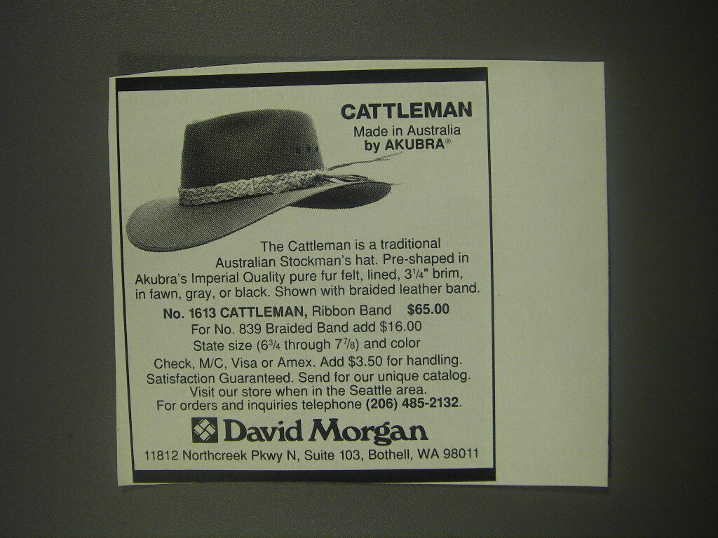 1991 David Morgan Cattleman Hat by Akubra Ad - Cattleman made in Australia