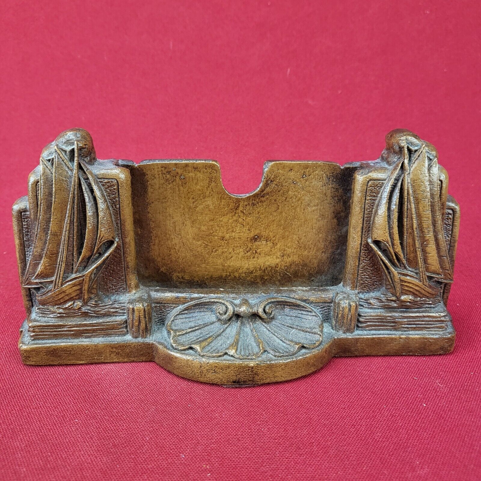 Vintage Syroco Wood Hand Carved Business Card Holder Nautical Theme Syracuse