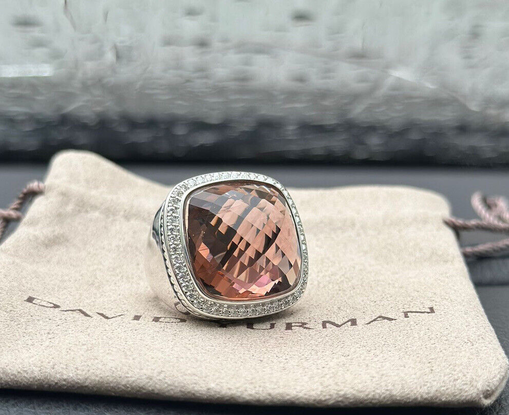 David Yurman Sterling Silver 20mm Morganite ALBION Ring With DIAMONDS Size 8