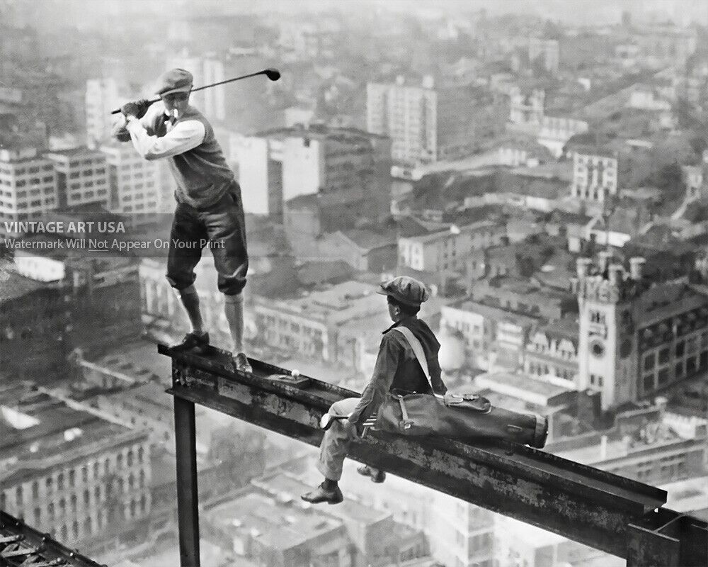 Vintage Playing Golf High Atop Construction Building Photo - Los Angeles 1927