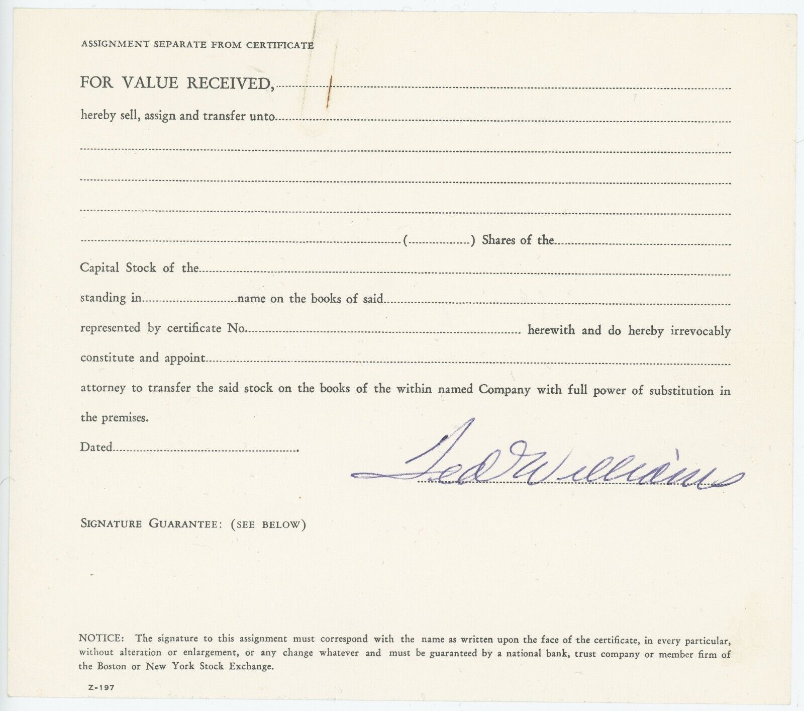 Ted Williams Vintage Signed Document Hunt Auctions COA Claudia Williams