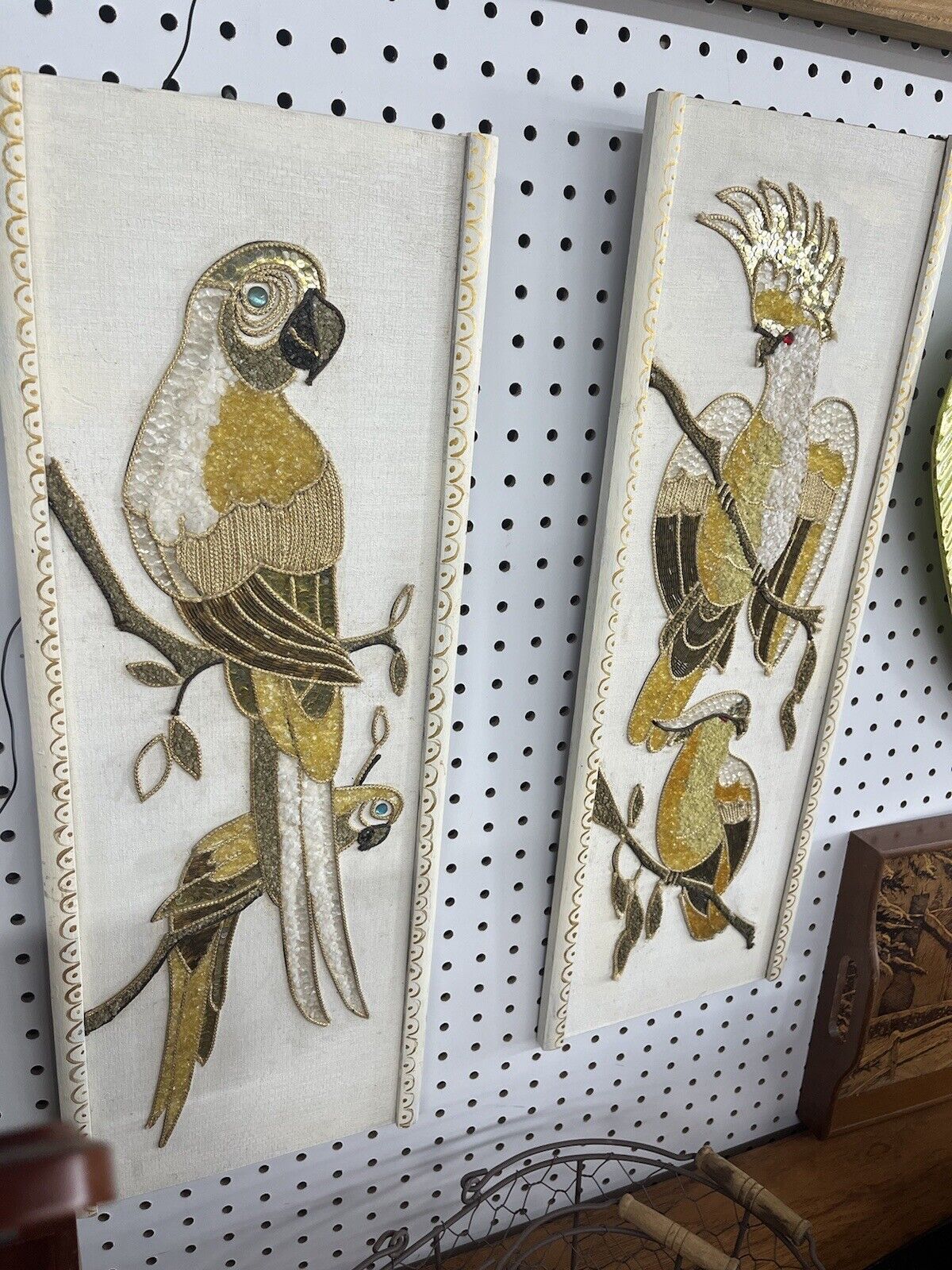 Vintage MCM Birds Gravel And Sequin Artwork Pair Of Birds 60’s