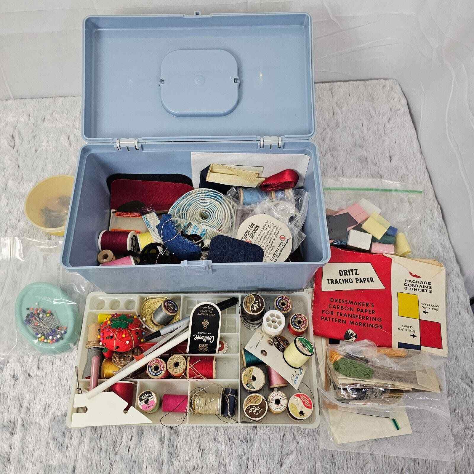 Vintage Wil-Hold Wilson Plastic Blue Sewing Box Trays Supplies Loaded Lot Thread