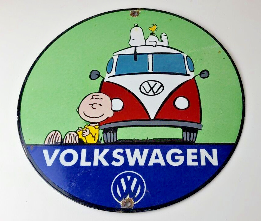 Vintage Volkswagen Sign - Snoopy VW Sales Automobile Gas Pump Porcelain Sign