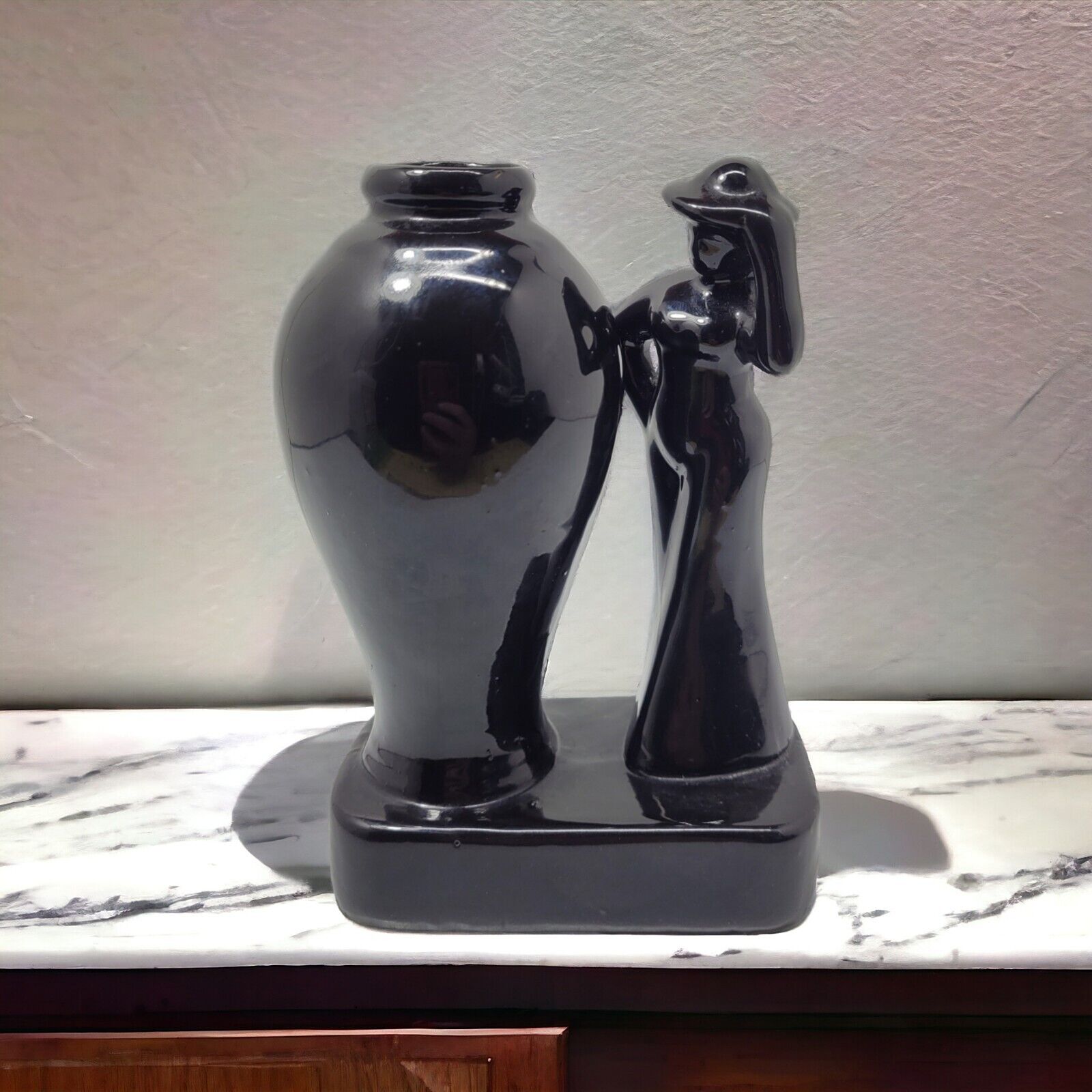 Haeger Black Vase With Woman MCM Vintage Ceramic