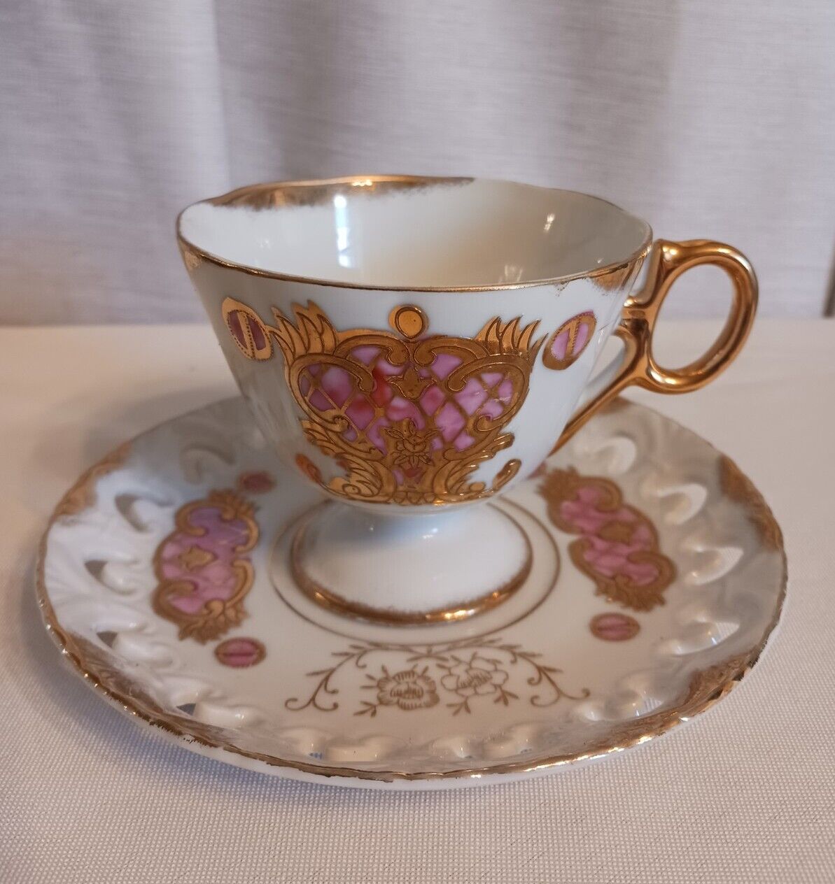 Beautiful Lefton Fancy Footed Vintage Teacup and Saucer With Gold and Cut Outs