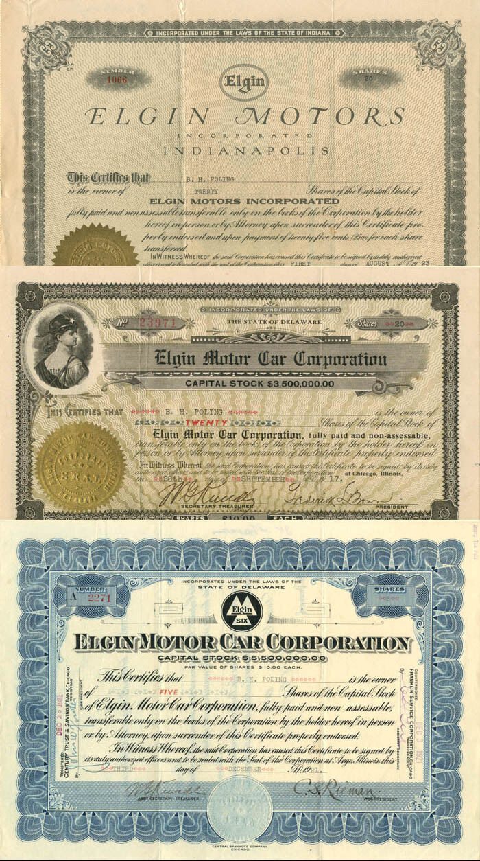 Elgin Motor Car Corporation - Set of 3 - Automotive Stocks