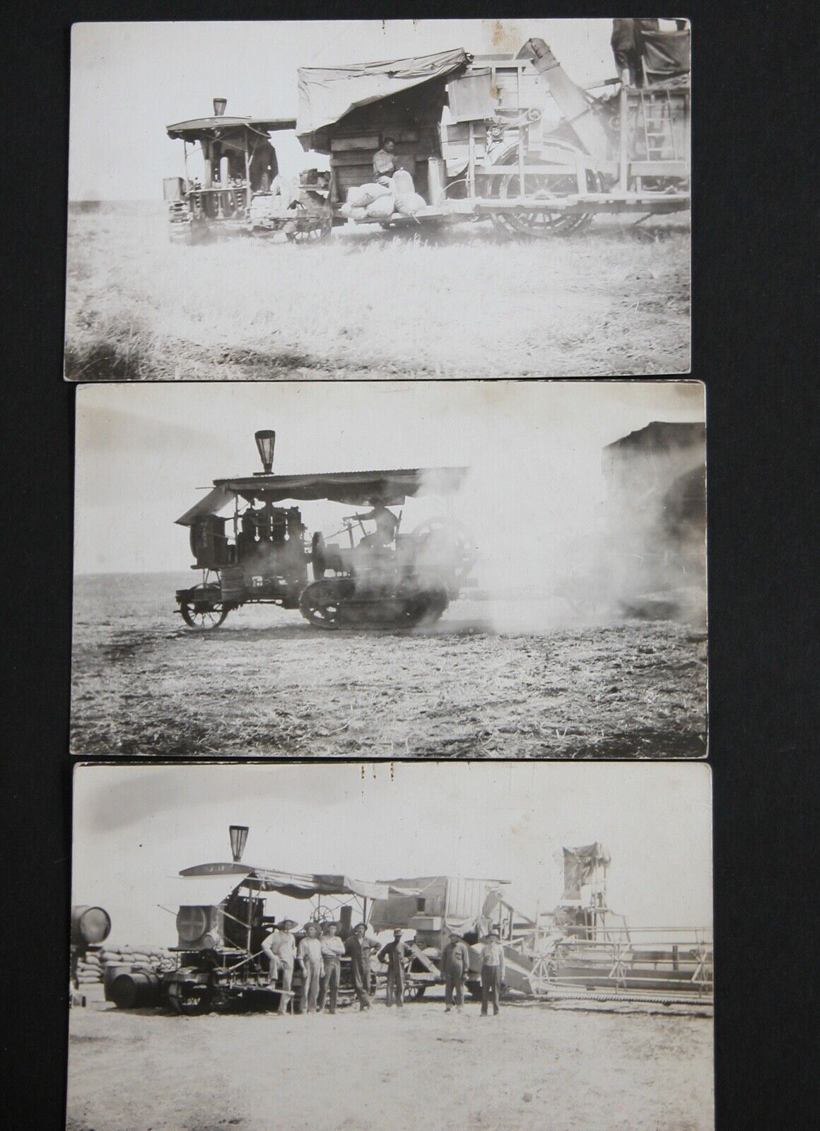 Vintage Photo Steam Engine Plowing Plow Crew Set of 3 Photographs 1900s Farming